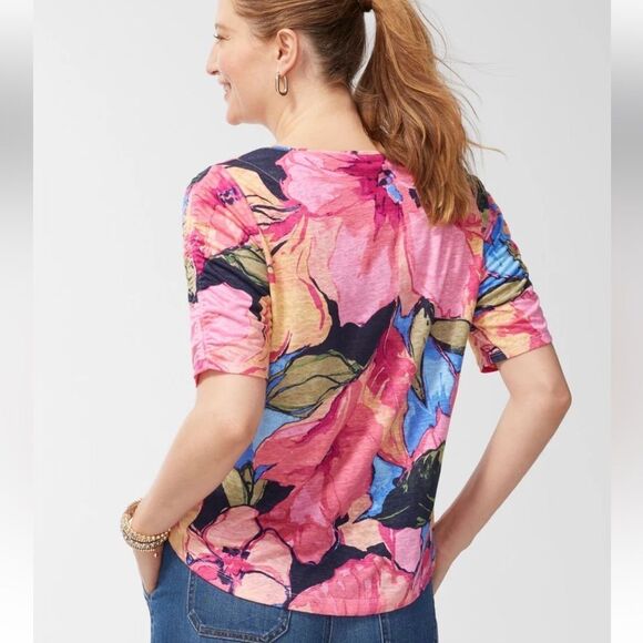 Chicos medium Linen Floral Ruched Sleeve Tee - Picture 1 of 16